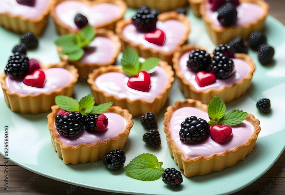 Five heart-shaped tartlets filled with pink berry yogurt and decorated with blackberries Five heart-shaped tartlets filled with pink berry yogurt and decorated with blackberries