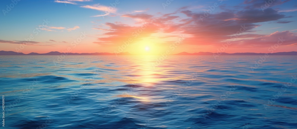 Fototapeta premium Sunset light illuminates the surface of the deep blue sea with a captivating view that offers a peaceful and tranquil setting for a copy space image