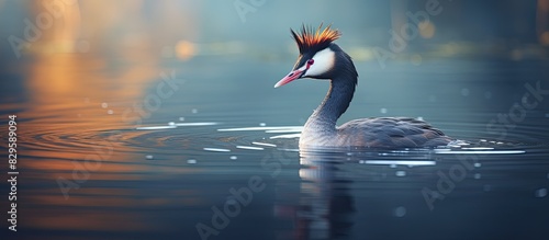 The Podiceps cristatus known as the Great Crested Grebe is a type of waterfowl bird swimming gracefully on a tranquil lake creating a peaceful copy space image photo
