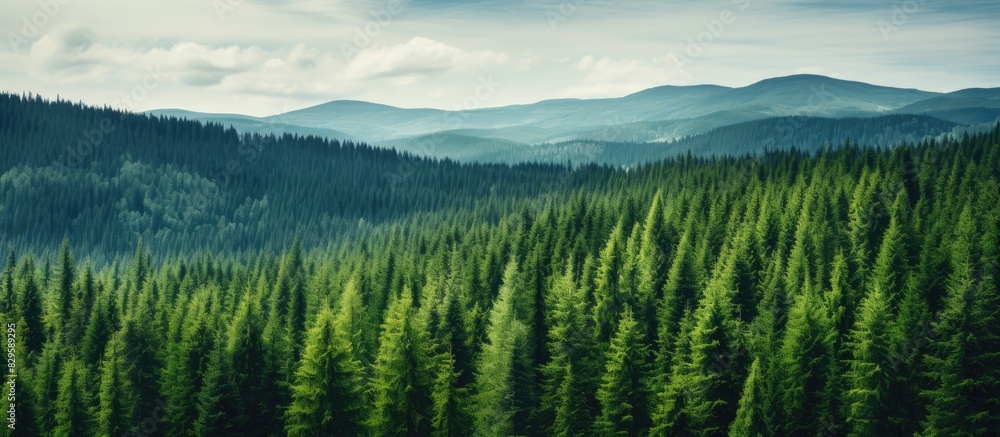 Top view of a lush green coniferous forest landscape with taiga peaks of fir trees creating a picturesque scene perfect for a copy space image Top view of a lush green coniferous forest landscape with taiga peaks of fir trees creating a picturesque scene perfect for a copy space image