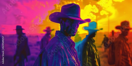 Colorful silhouettes of cowboys with vibrant neon colors, perfect for wall art and background 