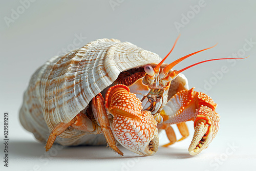 Close-up of a vibrant hermit crab with an intricate shell against a white background, showcasing details and textures in high definition.