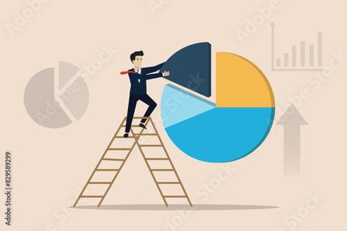 Investment asset allocation, businessman investor standing on ladder to arrange pie chart as rebalancing investment portfolio to suitable for risk and return.