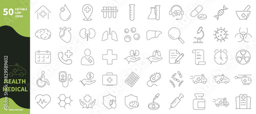 Health and medical icon. Set of icons for ambulance, medical equipment, heart, hospital,...