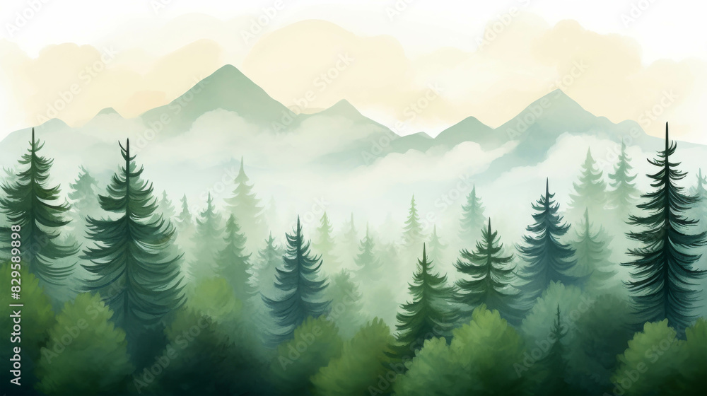 Fototapeta premium Serene landscape of a misty pine forest with mountains in the distance, perfect for nature backgrounds and peaceful scenery.
