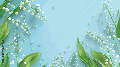 Beautiful lily of the valley flowers on light blue background