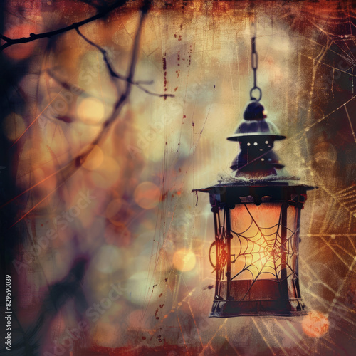 Halloween Scene, Blurred Background with Vintage Lantern and Spider Web