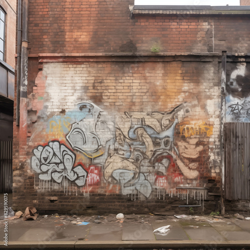 Urban graffiti on a weathered brick wall in a city street, showcasing vibrant street art and an urban decay landscape.