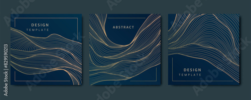Vector set of wave line gold patterns, japan art textures, flow, sea illustration. Flow posters, nature elements, elegant fancy square frames