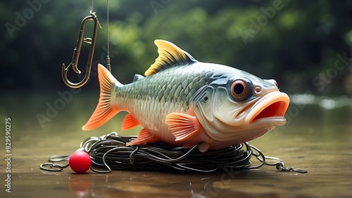 Rubber fish with fishing hook as fishing bait photo