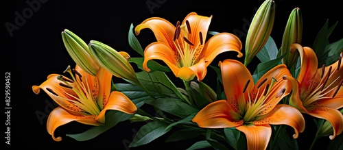 Orange lilies with copy space image on black backdrop
