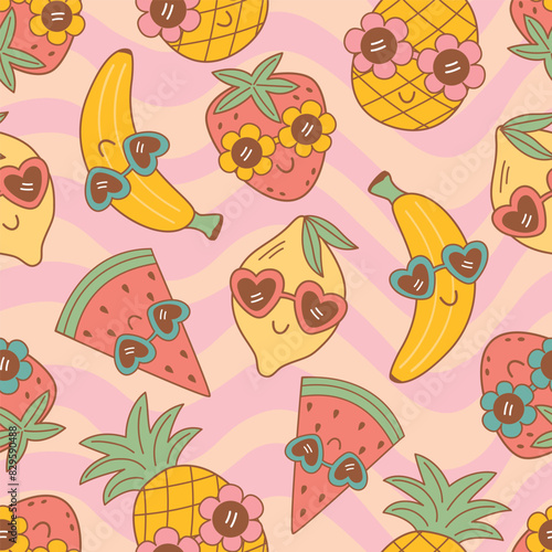 seamless pattern with cute fruits on wave background