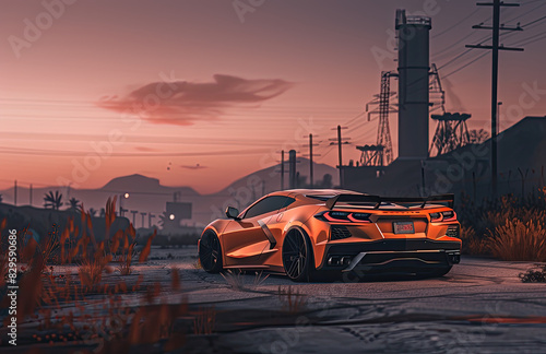 A wide shot shows a corvette c8 z52 in Need for Speed with a photorealistic sunset background. Created with Ai © serah