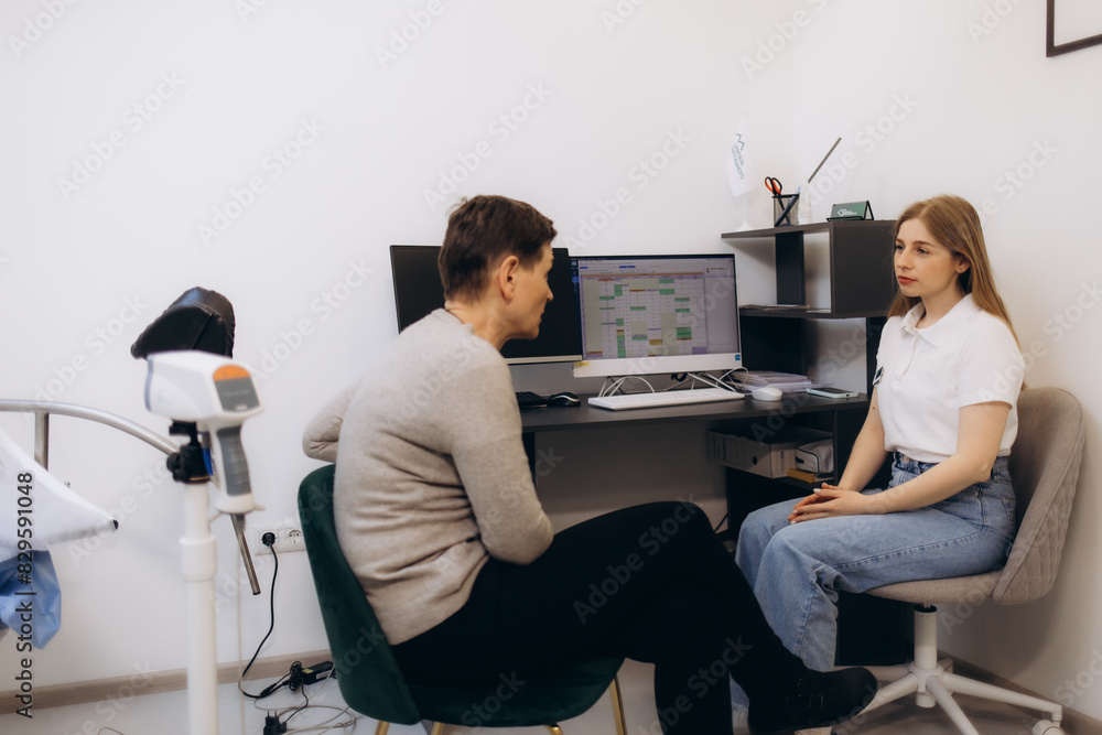 Fototapeta premium Young woman patient with a senior gynecologist during the consultation in the gynecological office