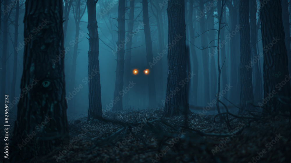 Fototapeta premium mysterious Halloween night with a dark forest, eerie glowing eyes, and a full moon, spooky scene is perfect for haunted house themes, ghost stories, and eerie atmospheres