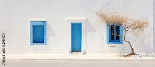 Fototapeta Naklejka Na Ścianę i Meble -  Whitewashed house with blue windows on Piros Island provides a charming setting with a serene ambiance creating a picturesque scene for a copy space image