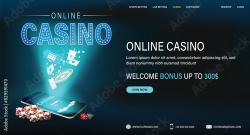 A smartphone displays Online Casino surrounded by flying chips, roulette wheel, and dice, suggesting online gambling
