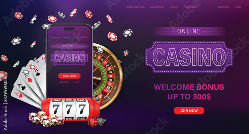 The image depicts an online casino theme with a mobile device, roulette wheel, poker chips, and playing cards on a dark background, highlighting a welcome bonus
