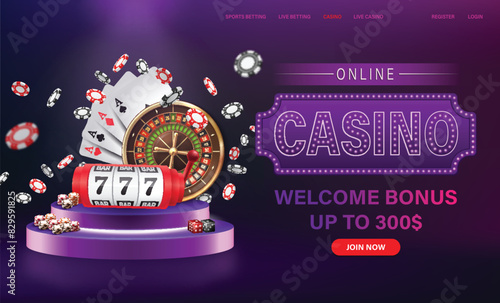 An eye-catching online casino ad with a roulette wheel, poker chips, slots, and a welcome bonus message
