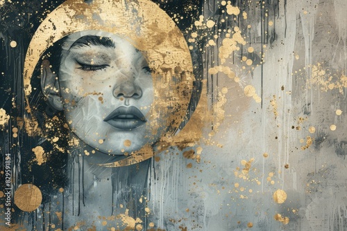 Abstract portrait of a woman with closed eyes in gold and grey tones, perfect for background and wall art