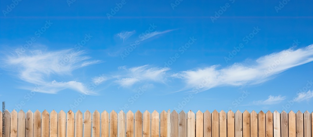A wooden fence stands under a bright blue sky perfect for a copy space image A wooden fence stands under a bright blue sky perfect for a copy space image