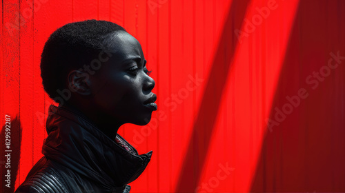 Portrait of a short-haired African American woman in avant-garde style on a red background © AlexanderD