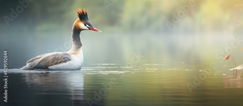 A beautiful bird known as the great crested grebe Podiceps cristatus is elegantly displayed in a serene natural setting next to a tranquil pond presenting an image with ample empty space for added te photo