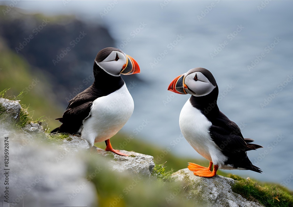 Fototapeta premium Puffin perched on a cliff.