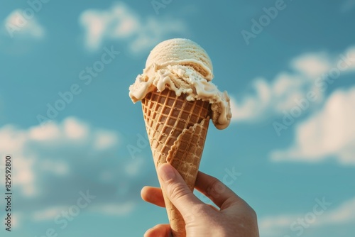 Hand holding a soft hojicha ice cream cone against a blue sky with clouds. 
