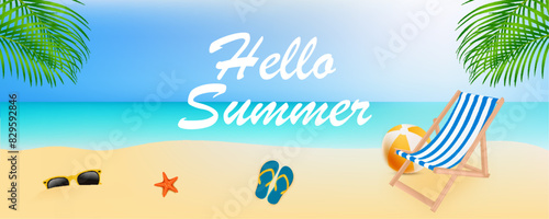 Hello Summer banner with beach view, Chair, Flip Flops, Sunglasses and Ball