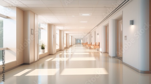 A long, bright hospital corridor with rooms and seating.