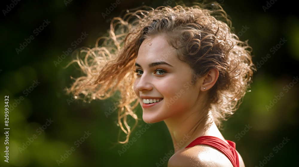 young adult woman, outdoors in leisure time or weekend, jogging or running at the edge of the forest or in the forest or forest path, rural, brunette woman with flowing hair young adult woman, outdoors in leisure time or weekend, jogging or running at the edge of the forest or in the forest or forest path, rural, brunette woman with flowing hair