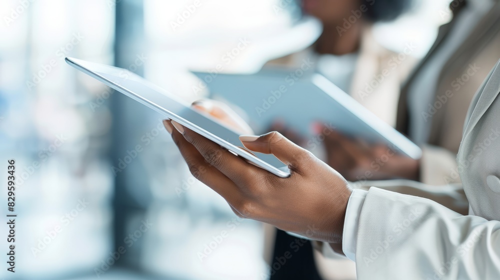 A woman is holding a tablet and a book A woman is holding a tablet and a book
