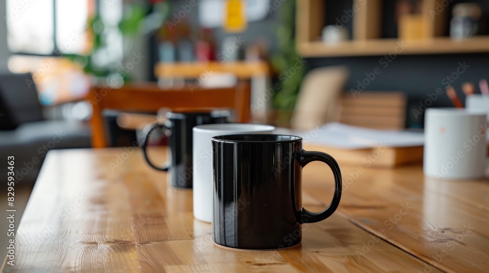 Close-up of personalized coffee mugs on a table, adding a touch of individuality to the workspace