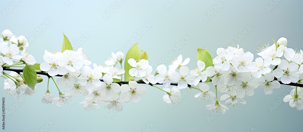 Obraz premium Soft focus close up image showcasing white Prunus padus flowers with copy space