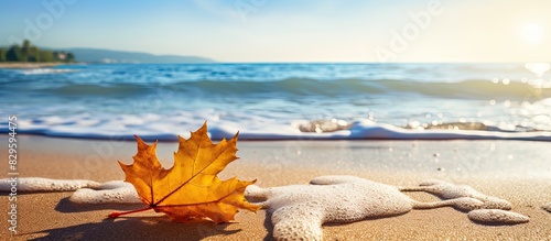 Sunny day at the beach with a yellow autumn leaf in focus against blurred waves providing a serene backdrop in a copy space image