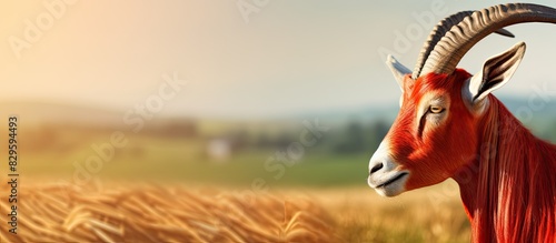 Close up portrait of a red goat s horn on a summer farm background with copy space image photo
