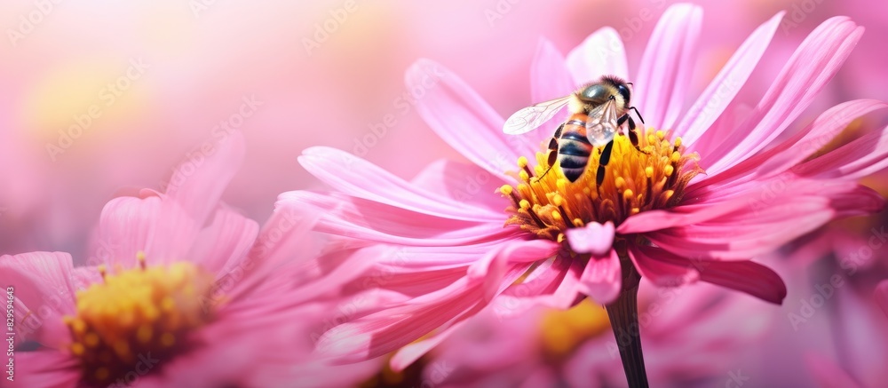A lovely bee perched on a vibrant pink flower in a close up copy space image A lovely bee perched on a vibrant pink flower in a close up copy space image