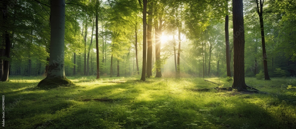 Obraz premium A sunny forest in the early morning featuring a green landscape with sunshine and sunbeams perfect for a spring nature background with copy space image