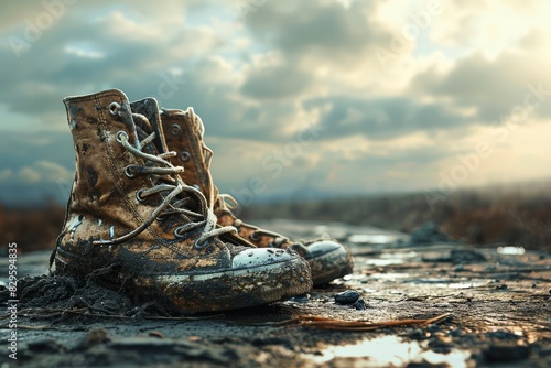 A pair of dirty shoes is seen resting on a grimy road surface photo