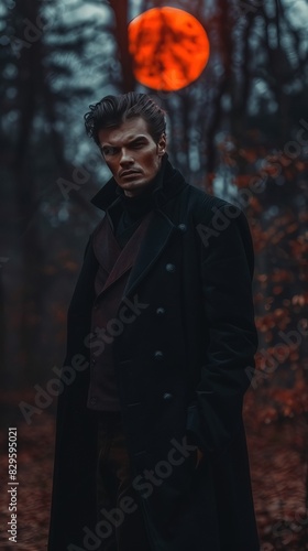 fashionable, attractive vampire man in the forest beneath the moon  © Natalia