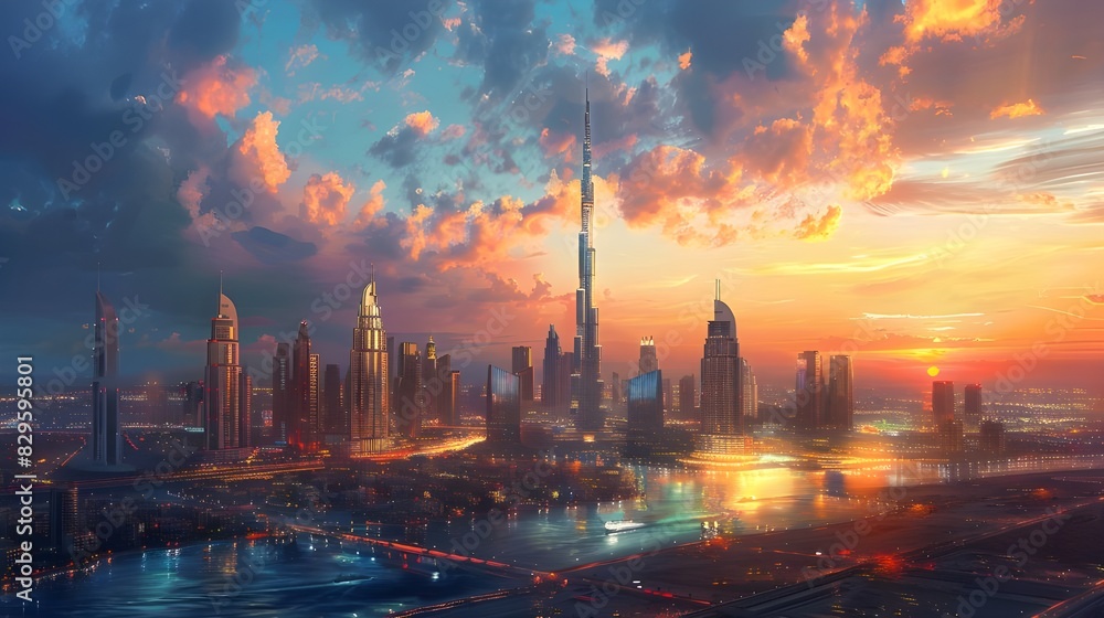 Dubai skyline with sunset. Modern luxury architecture, iconic Burj Khalifa and futuristic buildings skyscraper, illuminated by the golden sun., 3d contemporary trendy digital art deco wallpaper banner Dubai skyline with sunset. Modern luxury architecture, iconic Burj Khalifa and futuristic buildings skyscraper, illuminated by the golden sun., 3d contemporary trendy digital art deco wallpaper banner