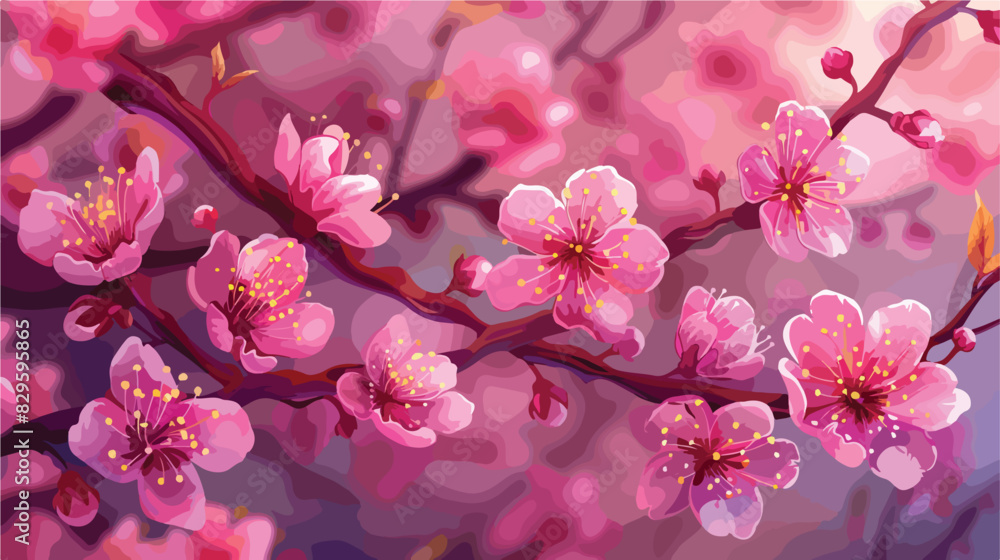 Blossoming cherry tree close up Cartoon Vector style