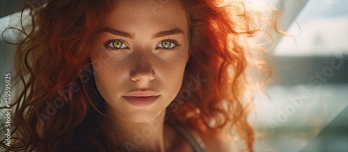 Beautiful redhead woman portrait in summer sunlight with a reflection perfect for a copy space image photo