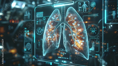 3d holographic display of human lungs with medical symbols and icons, practice of medicine and healthcare, futuristic visualization of innovative advanced technology human anatomy and medical concept. photo