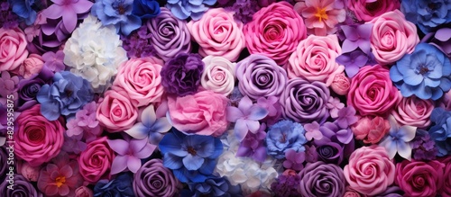 Vibrant flower wall featuring pink purple and blue blooms like roses and tropical flowers ideal as a backdrop or wallpaper with copy space image