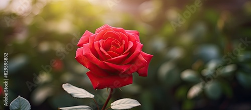 Macro shot of a red rose in a garden bush with a blurred background perfect for a copy space image