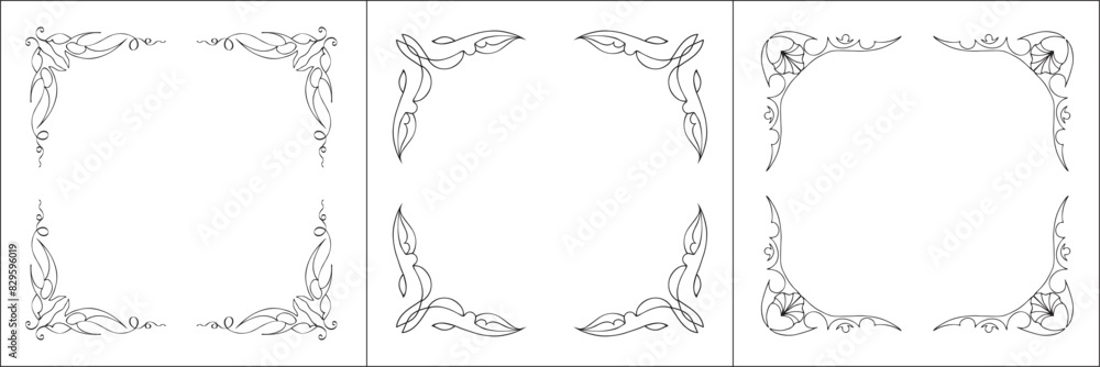Set of three frames. Elegant black and white frame with Scandinavian ornament, decorative border, corners, isolated vector illustration. Set of three frames. Elegant black and white frame with Scandinavian ornament, decorative border, corners, isolated vector illustration.