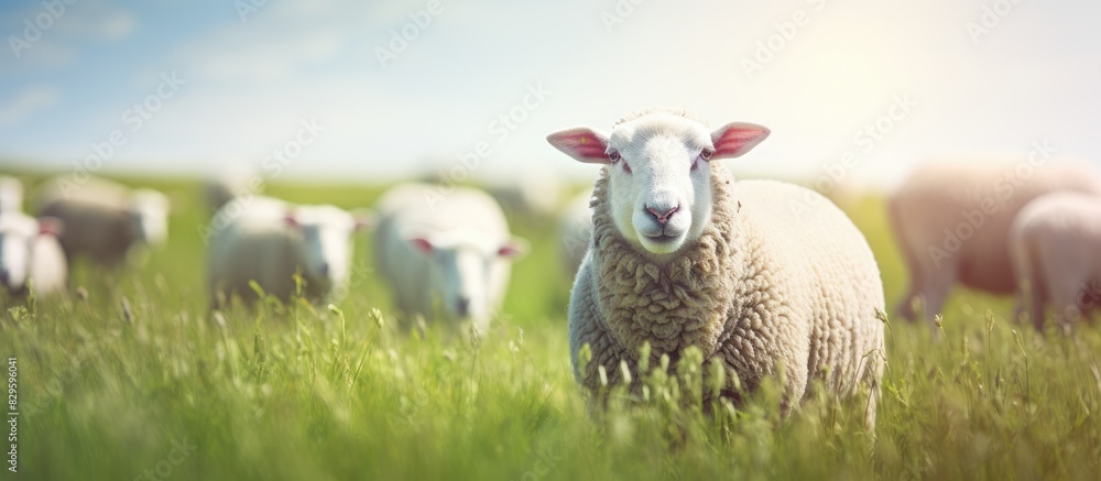 Naklejka premium Grassy field background with sheep for a natural setting with copy space image