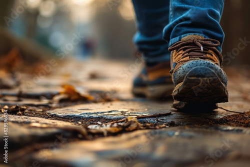 Close-up view of a person walking along a path